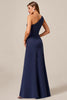 Load image into Gallery viewer, Navy Satin A Line One Shoulder Mother of the Bride Dress with Lace