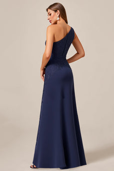 Navy Satin A Line One Shoulder Mother of the Bride Dress with Lace