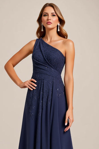 Navy Satin A Line One Shoulder Mother of the Bride Dress with Lace