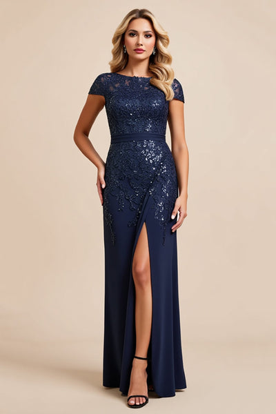 Navy Chiffon Sheath Boat Neck Mother of the Bride Dress with Slit