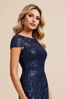 Load image into Gallery viewer, Navy Chiffon Sheath Boat Neck Mother of the Bride Dress with Slit