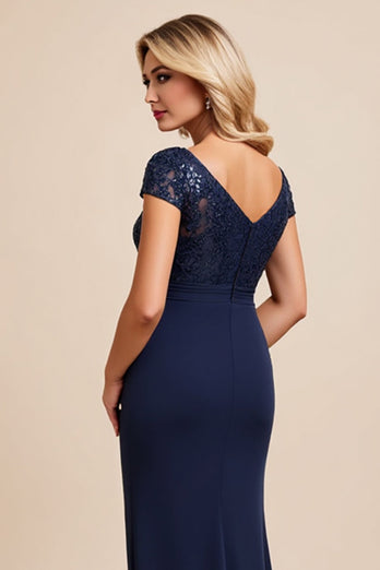 Navy Chiffon Sheath Boat Neck Mother of the Bride Dress with Slit