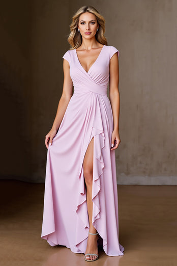 Candy Pink Satin A Line Long Mother of the Bride Dress with Ruffles