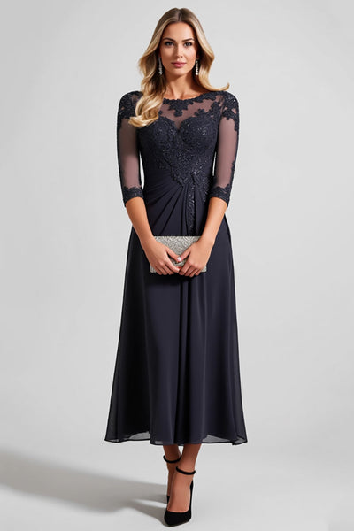 Navy Chiffon A Line Boat Neck Mother of the Bride Dress with Lace