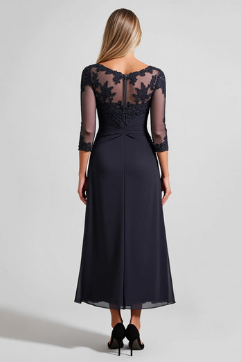 Navy Chiffon A Line Boat Neck Mother of the Bride Dress with Lace