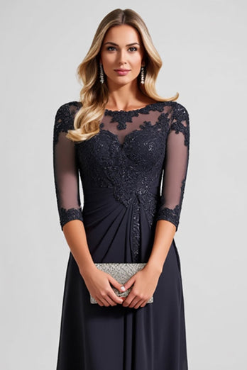 Navy Chiffon A Line Boat Neck Mother of the Bride Dress with Lace