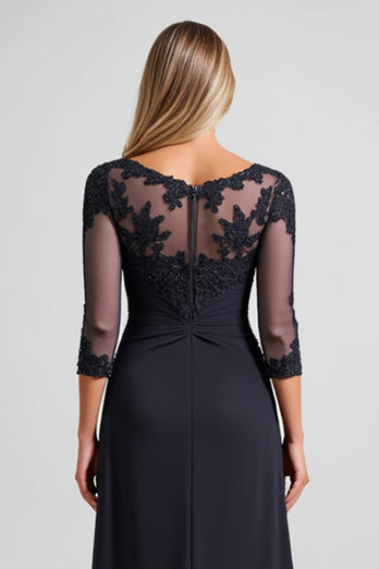 Navy Chiffon A Line Boat Neck Mother of the Bride Dress with Lace