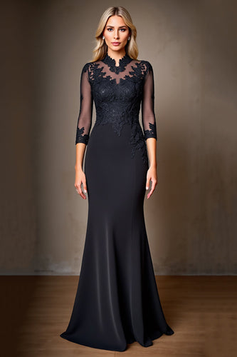 Black Satin Mermaid High Neck Mother of the Bride Dress with Lace