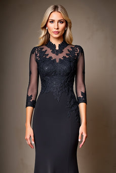 Black Satin Mermaid High Neck Mother of the Bride Dress with Lace