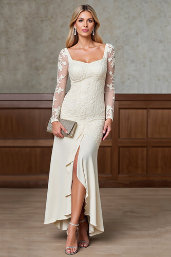 Champagne Satin Square Sheath Mother of the Bride Dress with Slit