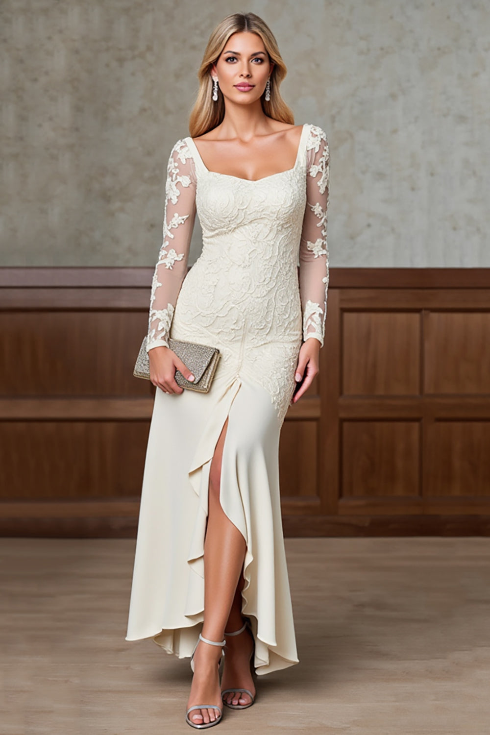 Champagne Satin Square Sheath Mother of the Bride Dress with Slit