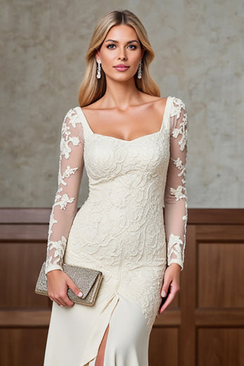 Champagne Satin Square Sheath Mother of the Bride Dress with Slit