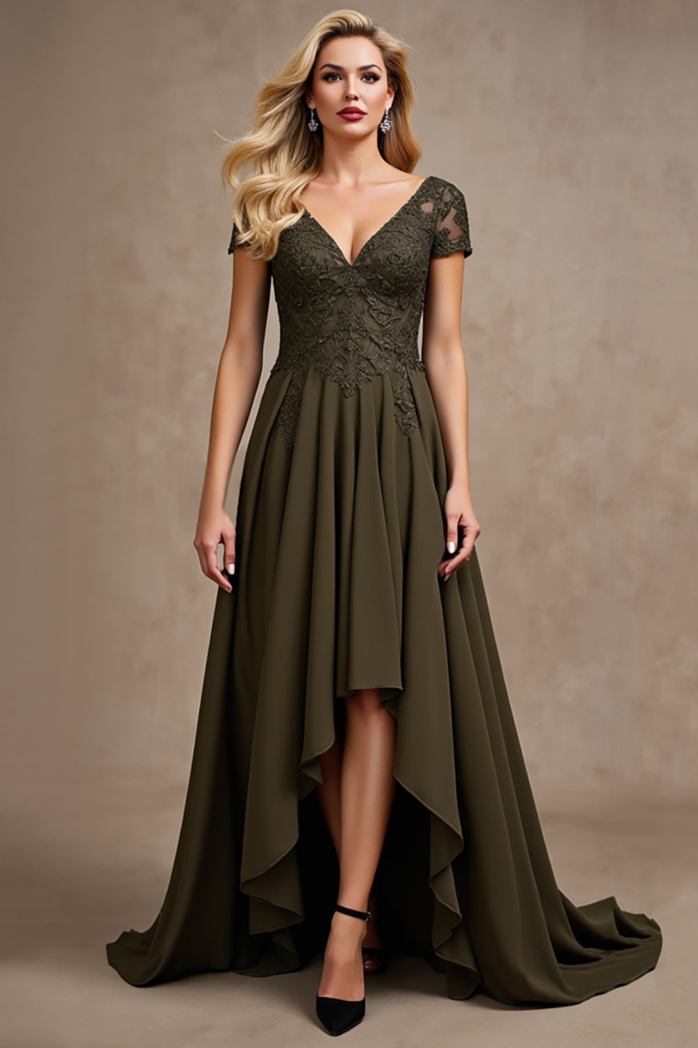 Olive Satin A Line High-Low Mother of the Bride Dress with Lace