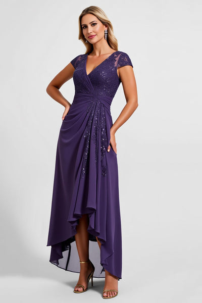 Purple Satin Sheath Asymmetrical Mother of the Bride Dress with Lace