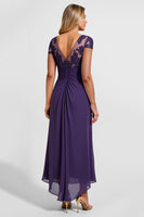 Load image into Gallery viewer, Purple Satin Sheath Asymmetrical Mother of the Bride Dress with Lace
