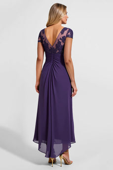 Purple Satin Sheath Asymmetrical Mother of the Bride Dress with Lace
