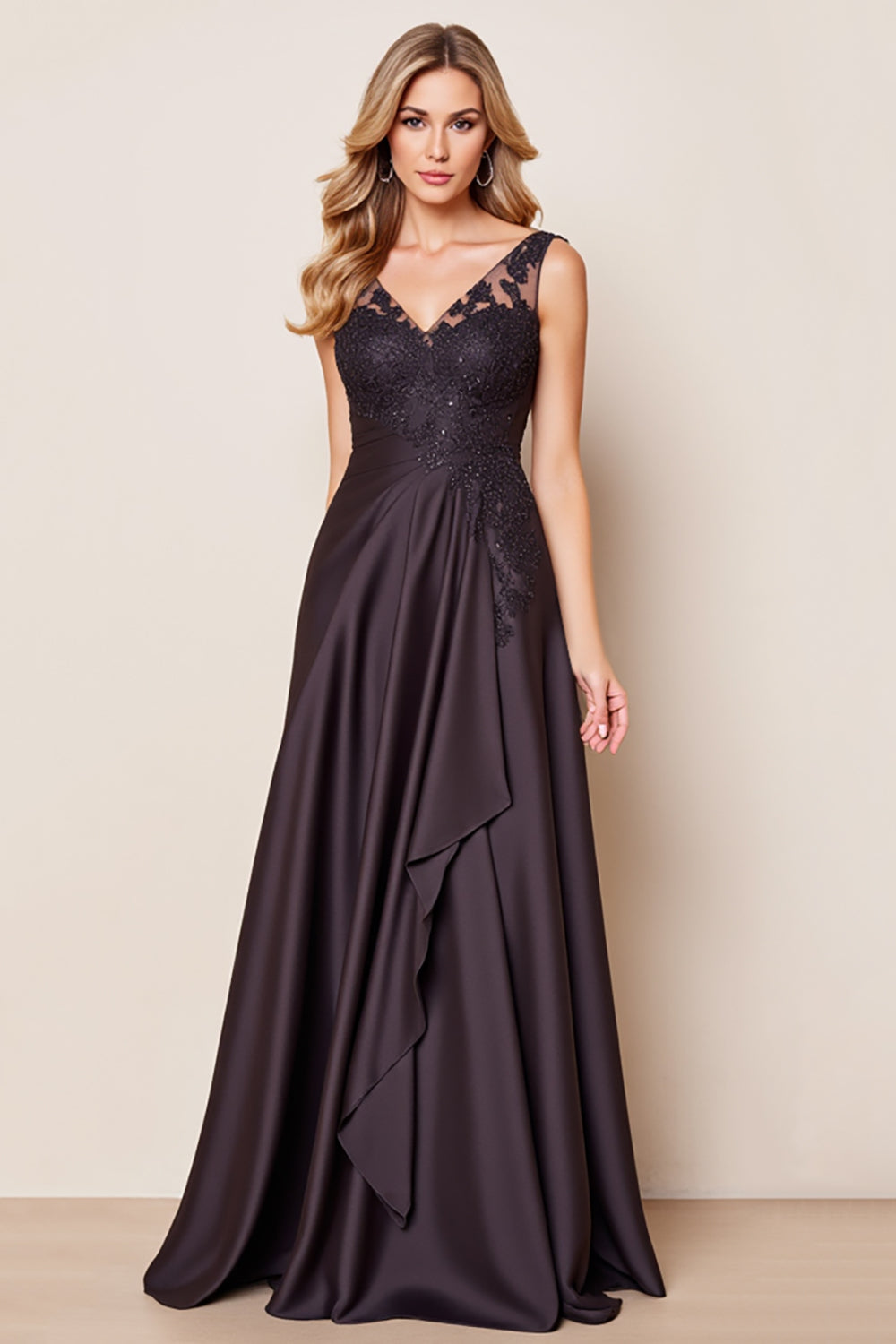 Black Satin A Line V Neck Mother of the Bride Dress with Lace
