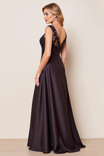 Black Satin A Line V Neck Mother of the Bride Dress with Lace