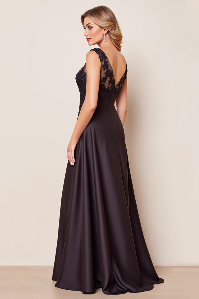 Load image into Gallery viewer, Black Satin A Line V Neck Mother of the Bride Dress with Lace