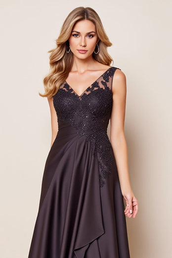 Black Satin A Line V Neck Mother of the Bride Dress with Lace
