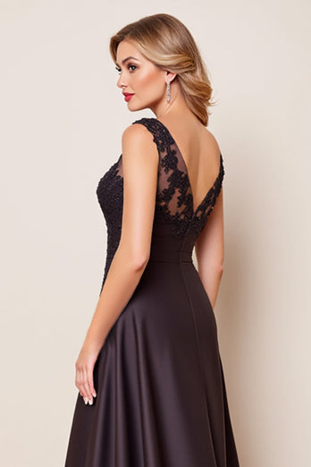 Black Satin A Line V Neck Mother of the Bride Dress with Lace