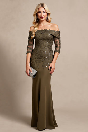 Olive Satin Mermaid Long Mother of the Bride Dress with Lace