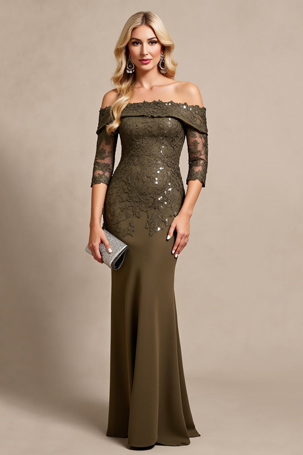 Olive Satin Mermaid Long Mother of the Bride Dress with Lace