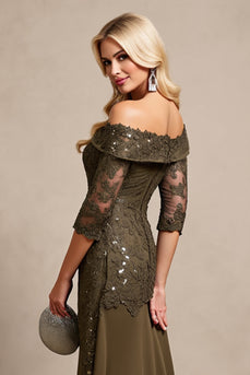 Olive Satin Mermaid Long Mother of the Bride Dress with Lace