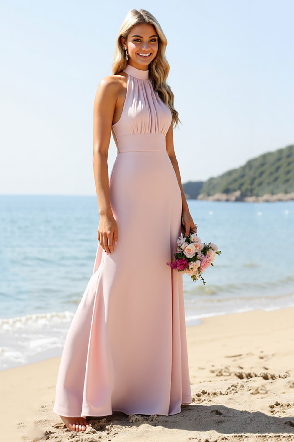 Candy Pink Halter Satin Maxi Bridesmaid Dress