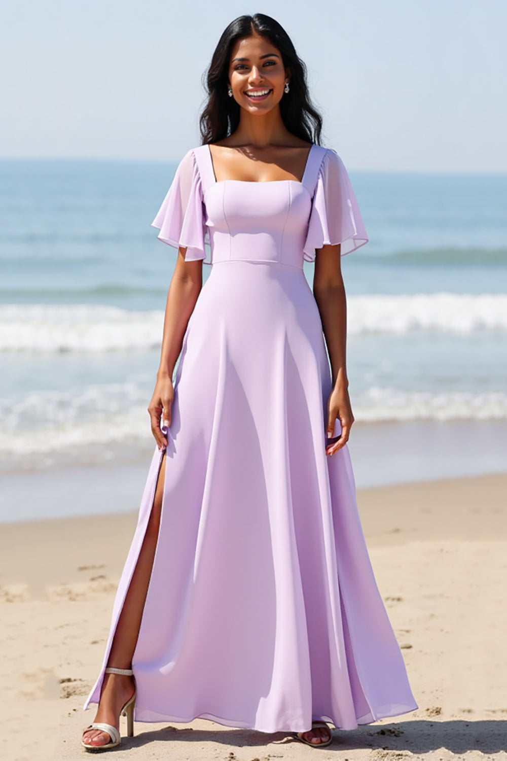 Lilac Chiffon Flutter Sleeves A Line Maxi Bridesmaid Dress