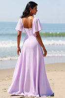 Load image into Gallery viewer, Lilac Chiffon Flutter Sleeves A Line Maxi Bridesmaid Dress