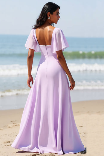 Lilac Chiffon Flutter Sleeves A Line Maxi Bridesmaid Dress