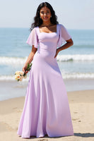 Load image into Gallery viewer, Lilac Chiffon Flutter Sleeves A Line Maxi Bridesmaid Dress