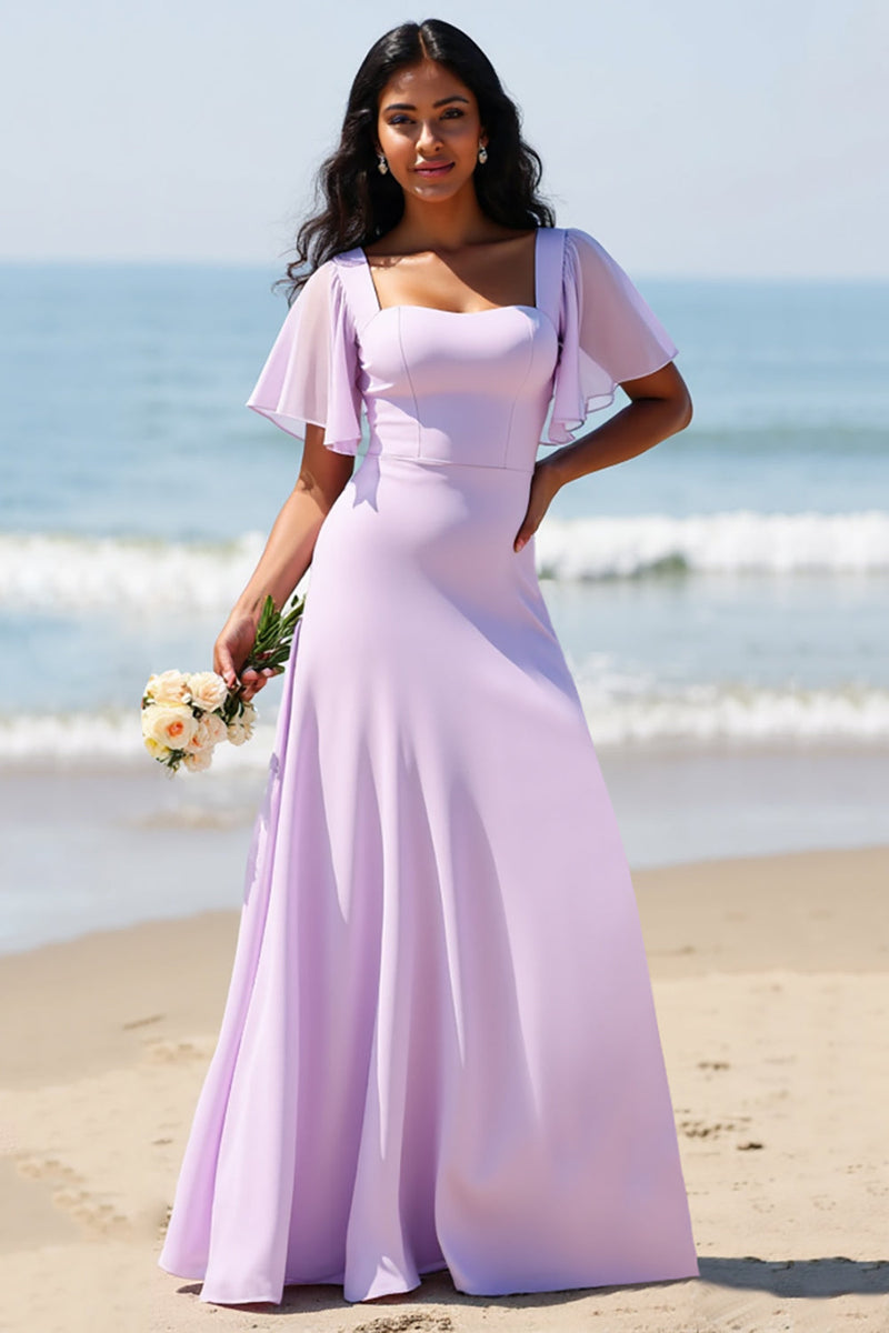 Load image into Gallery viewer, Lilac Chiffon Flutter Sleeves A Line Maxi Bridesmaid Dress