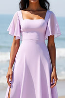 Load image into Gallery viewer, Lilac Chiffon Flutter Sleeves A Line Maxi Bridesmaid Dress
