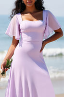 Load image into Gallery viewer, Lilac Chiffon Flutter Sleeves A Line Maxi Bridesmaid Dress