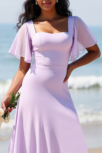 Lilac Chiffon Flutter Sleeves A Line Maxi Bridesmaid Dress