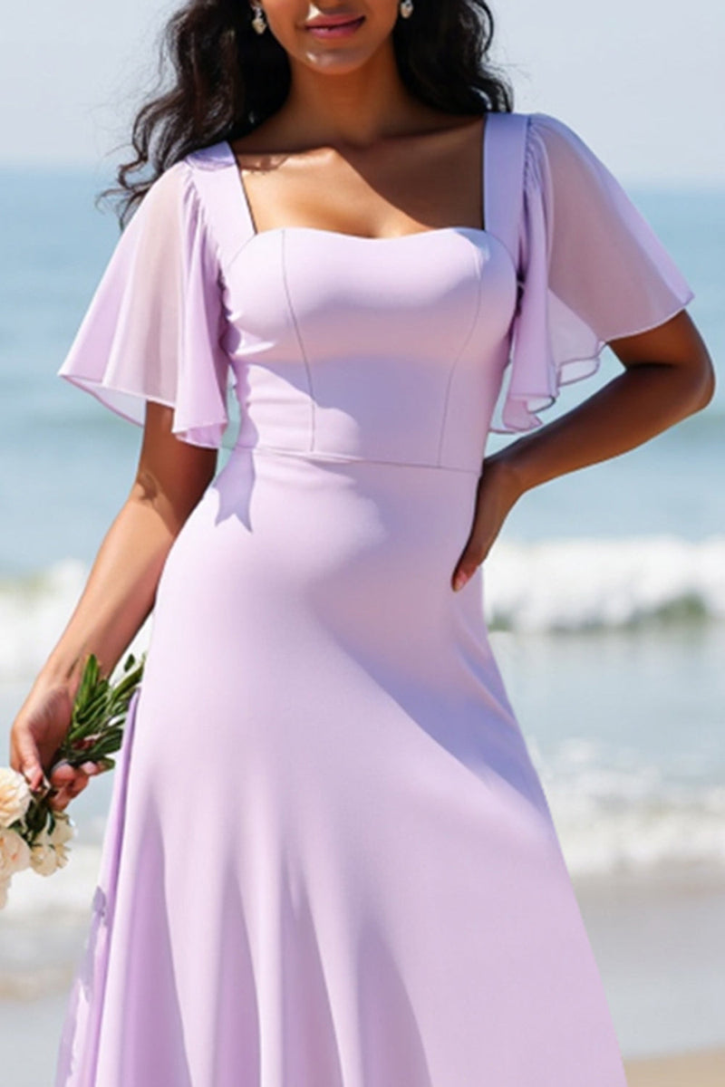 Load image into Gallery viewer, Lilac Chiffon Flutter Sleeves A Line Maxi Bridesmaid Dress