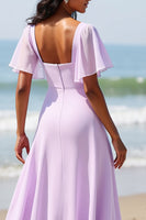 Load image into Gallery viewer, Lilac Chiffon Flutter Sleeves A Line Maxi Bridesmaid Dress
