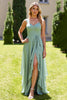 Load image into Gallery viewer, Sage Green Chiffon Sheath Ruffled Maxi Bridesmaid Dress with Slit