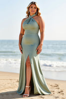 Load image into Gallery viewer, Eucalyptus Plus Size Sheath Satin Maxi Bridesmaid Dress with Slit