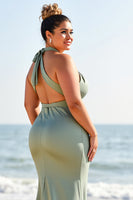Load image into Gallery viewer, Eucalyptus Plus Size Sheath Satin Maxi Bridesmaid Dress with Slit