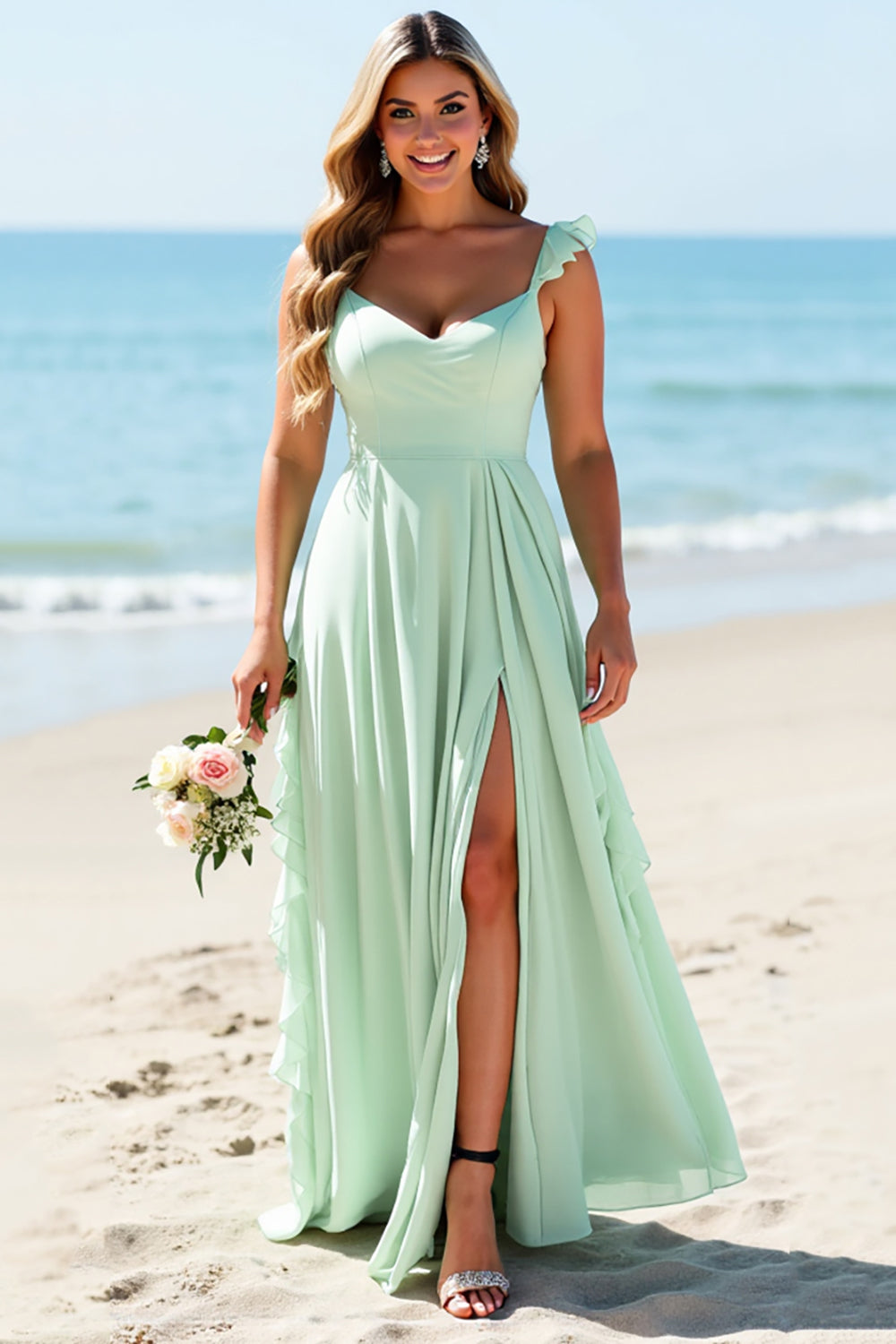 Mint Green Chiffon Plus Size Sheath Maxi Bridesmaid Dress