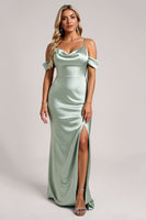 Load image into Gallery viewer, Sage Green Off the Shoulder Satin Maxi Bridesmaid Dress with Slit