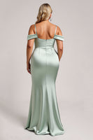 Load image into Gallery viewer, Sage Green Off the Shoulder Satin Maxi Bridesmaid Dress with Slit