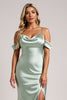 Load image into Gallery viewer, Sage Green Off the Shoulder Satin Maxi Bridesmaid Dress with Slit