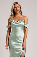 Load image into Gallery viewer, Sage Green Off the Shoulder Satin Maxi Bridesmaid Dress with Slit