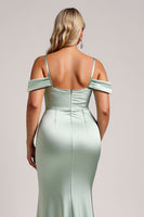 Load image into Gallery viewer, Sage Green Off the Shoulder Satin Maxi Bridesmaid Dress with Slit