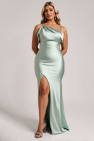 Load image into Gallery viewer, Sage Green Plus Size Satin Maxi Bridesmaid Dress with Slit
