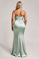 Load image into Gallery viewer, Sage Green Plus Size Satin Maxi Bridesmaid Dress with Slit